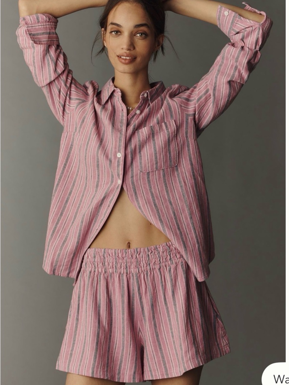 Pink Striped Casual Elastic Waist Shorts and button down top as set
